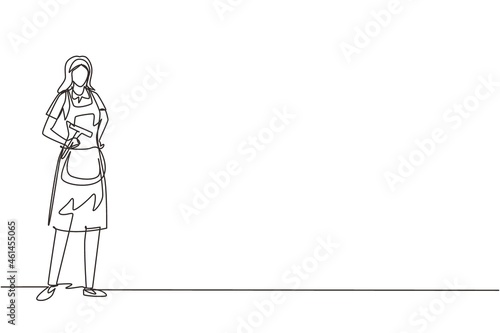 Single one line drawing cleaning service with cool pose. Cleaning worker posing and enjoying working. Smiling female cleaning company staff member. Continuous line draw design vector illustration