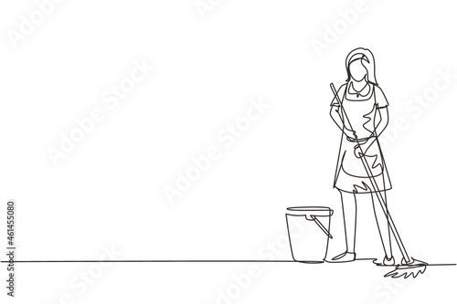 Single continuous line drawing cleaning company staff to work with the equipment. Woman with buckets and mops. Domestic cleaner worker and cleaners equipment. One line draw design vector illustration