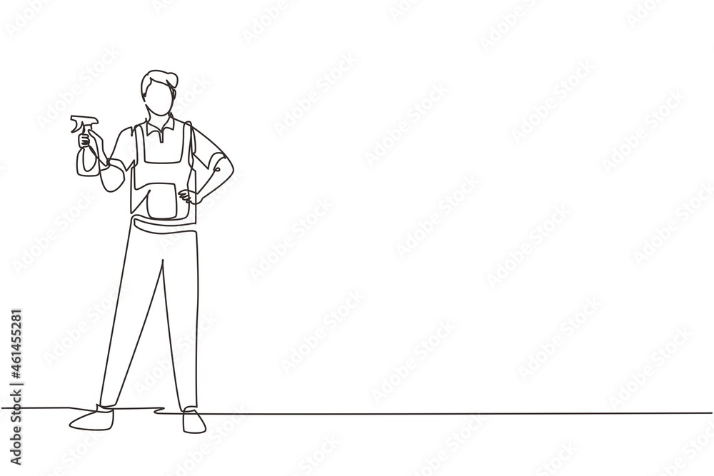 Single continuous line drawing man washing windows at home. Housework chores, male doing house work domestic duties. Guy cleaning and tidying up flat. Housekeeping routine. One line draw design vector