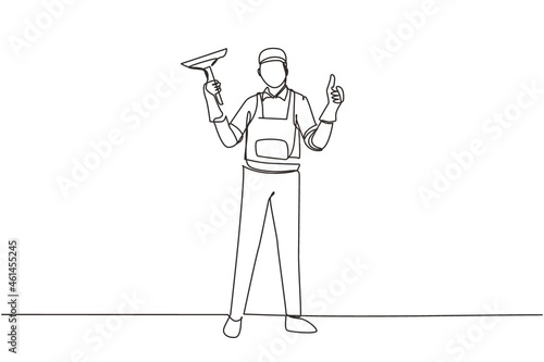 Continuous one line drawing window cleaner in uniform with professional equipment for cleaning windows. Man cleaning and rub windows of building using spray and wiper. Single line draw design vector
