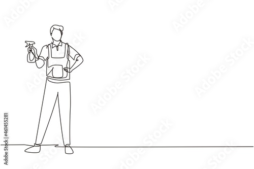 Single continuous line drawing man washing windows at home. Housework chores, male doing house work domestic duties. Guy cleaning and tidying up flat. Housekeeping routine. One line draw design vector