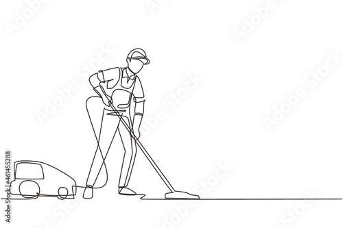 Single one line drawing man with vacuum cleaners of various types isolated on white background. Washing and cleaning service. Disinfection and cleaning. Continuous line draw design vector illustration