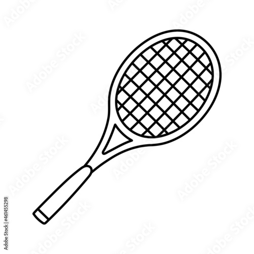 Tennis racquet. Badminton. Sport equipment line sketch. Hand drawn doodle outline icon. Vector black and white freehand fitness illustration © Ramziia