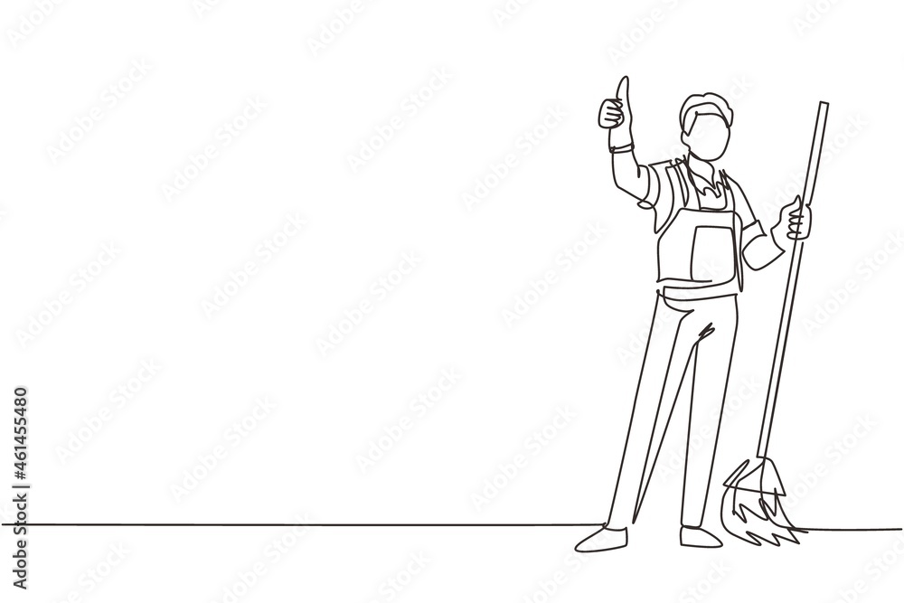 Single continuous line drawing smiling male cleaning company staff member holding broom and showing thumbs up gesture. Happy cleaning. Cleaning company logo. One line draw design vector illustration
