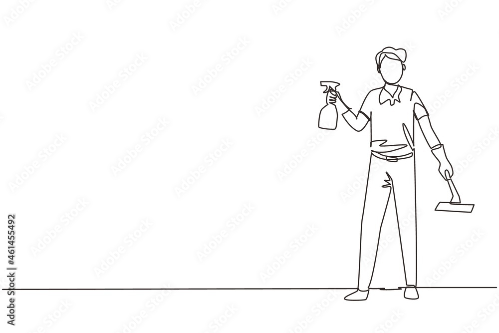 Single one line drawing man cleaning and tidying home, male wiping window glass with detergents and special supplies. Cleanup and housekeeping of apartment or house. Continuous line draw design vector Single one line drawing man cleaning and tidying home, male wiping window glass with detergents and special supplies. Cleanup and housekeeping of apartment or house. Continuous line draw design vector
