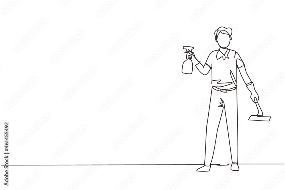 Single one line drawing man cleaning and tidying home, male wiping window glass with detergents and special supplies. Cleanup and housekeeping of apartment or house. Continuous line draw design vector