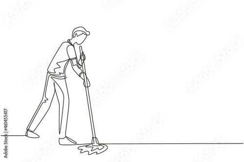 Continuous one line drawing male mopping floor at office. Cleaning workers. Professional cleaning staff, domestic cleaner worker and cleaners equipment. Single line draw design vector illustration