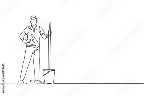 Single continuous line drawing young man with buckets and mops. Cleaning service. Male dressed in uniform with cleaning equipment. Professional cleaning staff. One line draw design vector illustration