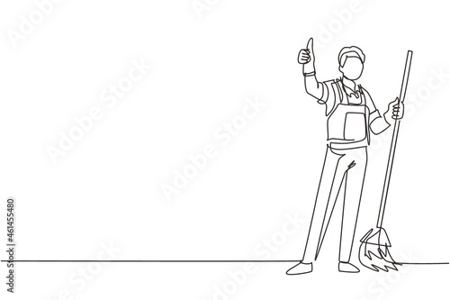 Single continuous line drawing smiling male cleaning company staff member holding broom and showing thumbs up gesture. Happy cleaning. Cleaning company logo. One line draw design vector illustration
