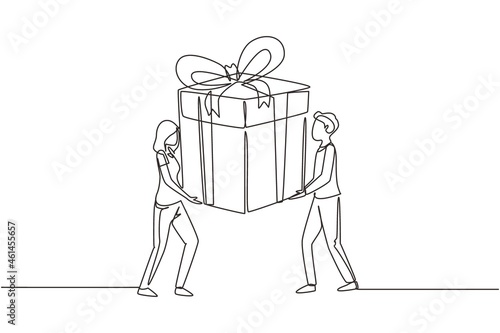 Single continuous line drawing happy couple man and woman are carrying a huge gift box. Big bonus or special offer. Happy birthday present. Dynamic one line draw graphic design vector illustration