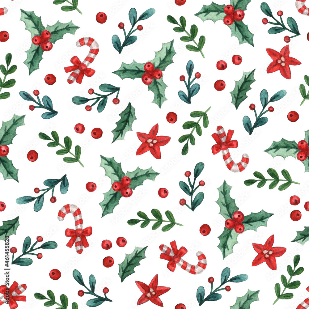Christmas background of mistletoe sprigs, berries, candy cane, poinsettia flower, leaves. Watercolor hand painted illustration. Print can be used for packaging, wrapping paper, textile, home decor
