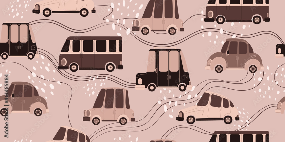Seamless pattern with cute hand drawn cars in Scandinavian style. Vector repeated background with automobiles in cartoons design for kids. Seamless pattern with cute hand drawn cars in Scandinavian style. Vector repeated background with automobiles in cartoons design for kids.