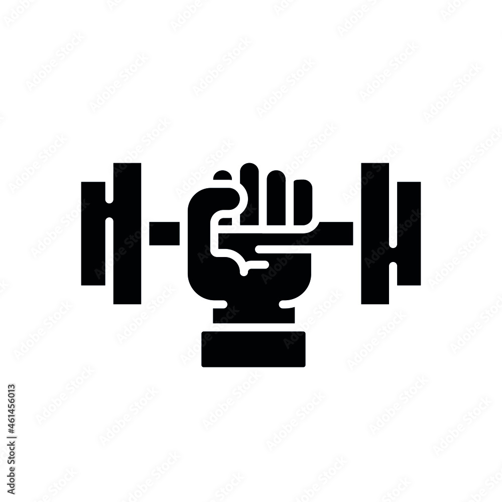 Hand with dumbbell glyph icon. Vector fill black illustration. Hand with dumbbell glyph icon. Vector fill black illustration.