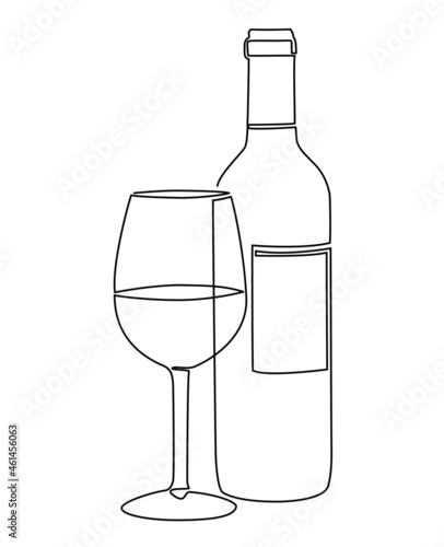 continuous single line wine bottle and wine glass, line art vector illustration