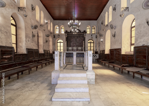 Interior view of historic Jewish Maimonides Synagogue or Rav Moshe Synagogue with altar, arched windows and chandelier in Gamalia district, Cairo Egypt