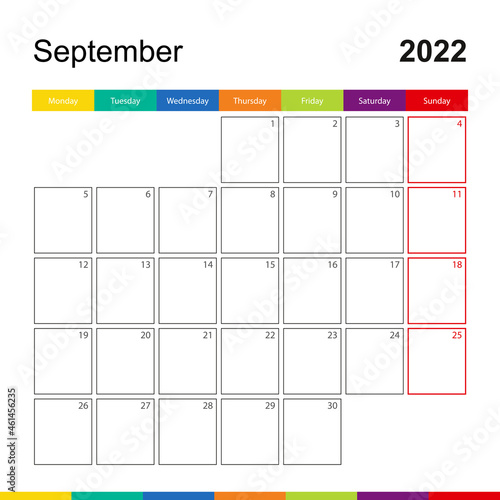 September 2022 colorful wall calendar, week starts on Monday. photo