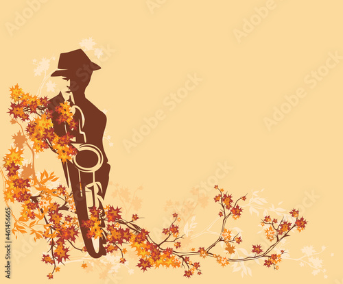 jazz musician wearing hat playing saxophone among fall season tree branches with bright leaves -  autumn musical billboard background vector design