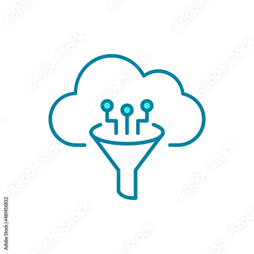 Cloud data analytics line icon. Cloud with funnel symbol. Digital database statistics. Big data concept. Filtering data. Information selection artificial intelligence. Vector illustration, clip art. 