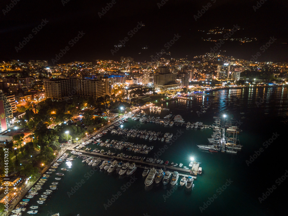 Fototapeta premium Aerial view of harbor in Budva in the night