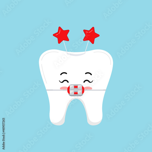 Christmas tooth in braces with headband with stars dental icon isolated on background. Dentist cute white tooth character in bracket. Flat design cartoon vector dentistry clip art illustration.