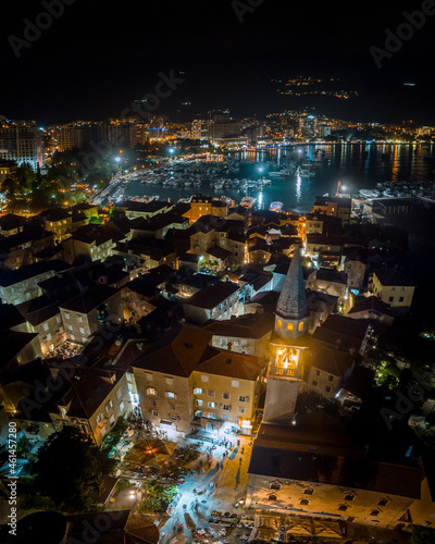 Drone view of a small square in old town Budva