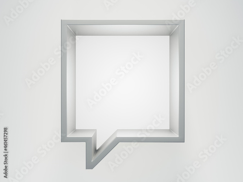 Abstract scene with square empty shelf or frame-podium. Shape looks like a quote, clear monochromatic background.