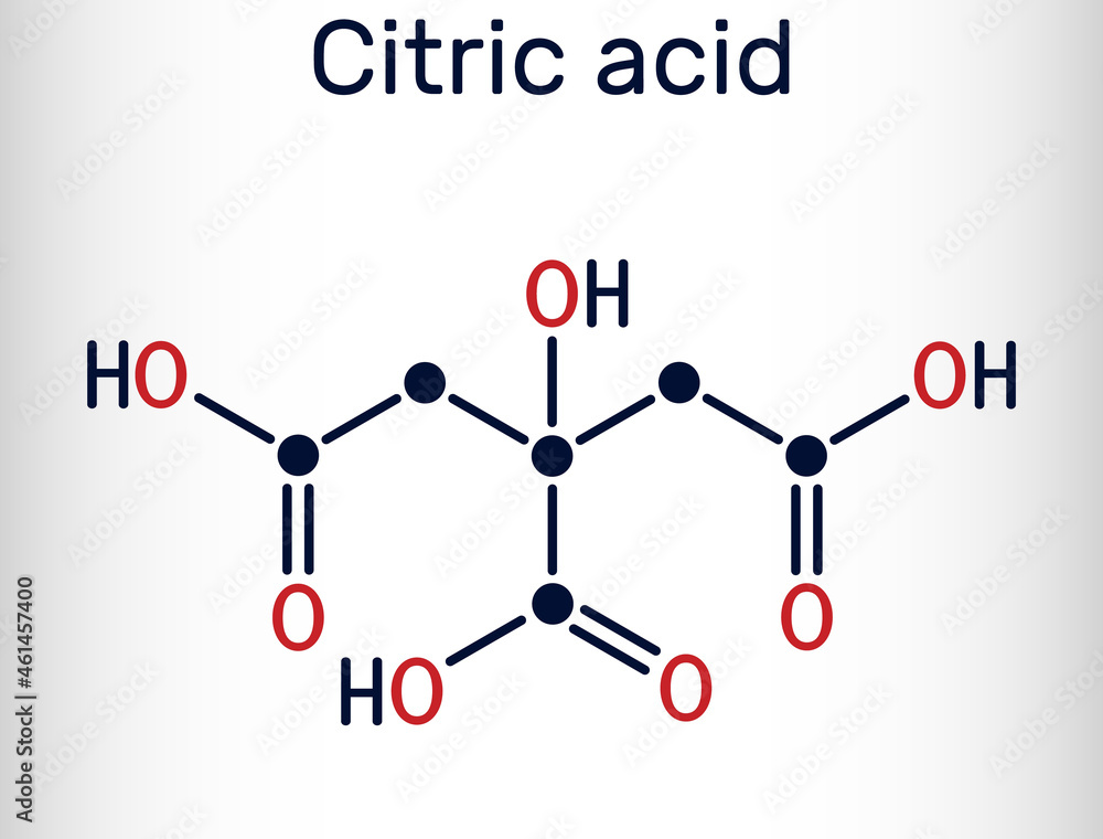 Citric acid molecule, alpha hydroxy acid, AHA. Is used as additive in food, cleaning agents, nutritional supplements. Skeletal chemical formula Citric acid molecule, alpha hydroxy acid, AHA. Is used as additive in food, cleaning agents, nutritional supplements. Skeletal chemical formula