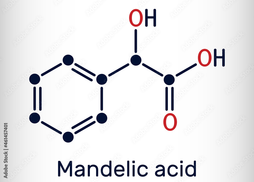Mandelic acid molecule. It is is alpha hydroxy acid, AHA. Skeletal chemical formula Mandelic acid molecule. It is is alpha hydroxy acid, AHA. Skeletal chemical formula