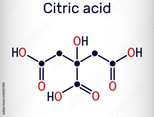 Citric acid molecule, alpha hydroxy acid, AHA. Is used as additive in food, cleaning agents, nutritional supplements. Skeletal chemical formula