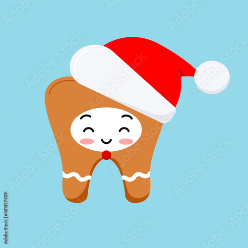 Christmas tooth in gingerbread costume with red santa hat icon in flat cartoon style isolated on background. Happy New Year costume cute tooth graphic design element vector illustration.
