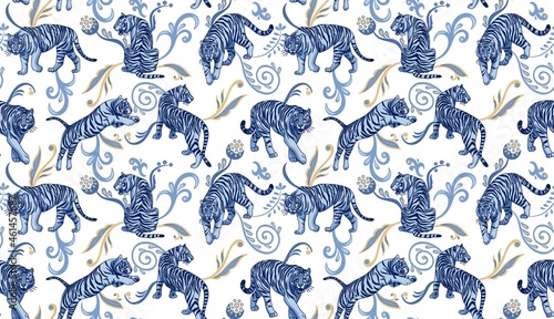 Blue wild tigers with abstract decorative plants.  Vector seamless pattern