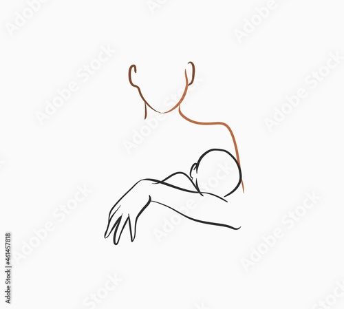 Hand drawn vector abstract stock flat graphic contemporary line art,aesthetic fashion illustration with bohemian,beautiful modern female with a baby in her arms in simple trendy style,for branding.