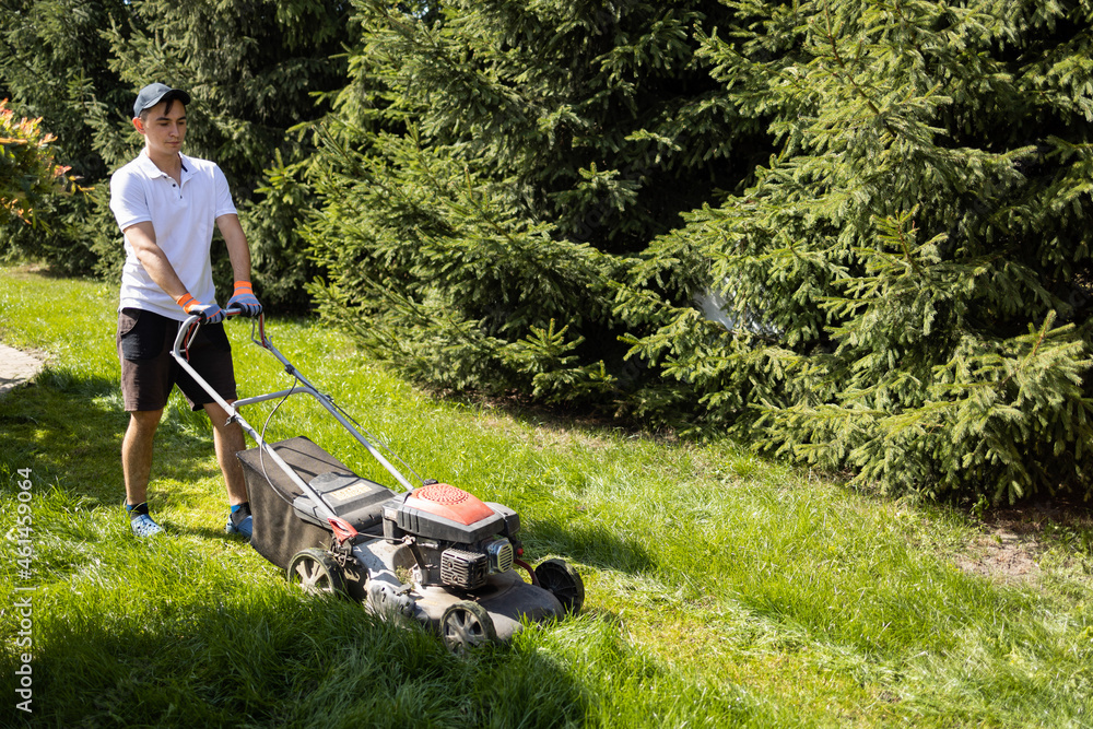 Gardener mowing the grass with a gasoline lawn mower Gardener mowing the grass with a gasoline lawn mower