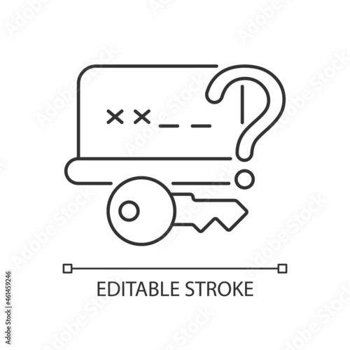 Forgetting password linear icon. Account recovery. Reset login. Computer safety. Secure system. Thin line customizable illustration. Contour symbol. Vector isolated outline drawing. Editable stroke