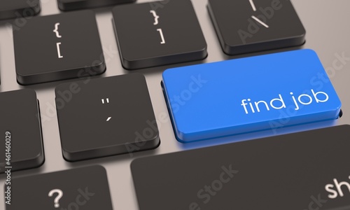 Blue find job key button on computer keyboard. Work or employment icon. Business concept. Office background. 3d close-up view