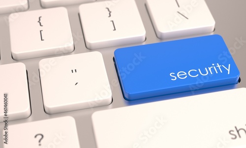 Blue security key button on computer keyboard. Safe data icon. Business concept. Office background. 3d close-up view