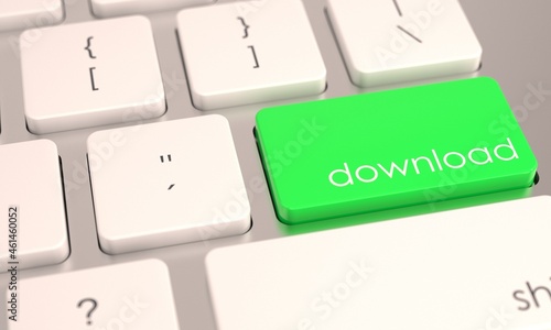 
Green download key button on computer keyboard. Update or data transfer icon. Business concept. Office background. 3d close-up view