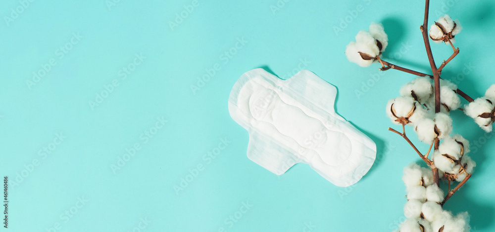 Sanitary napkin with wings and cotton flowers on mint or Tiffany Blue background.top angle view Sanitary napkin with wings and cotton flowers on mint or Tiffany Blue background.top angle view
