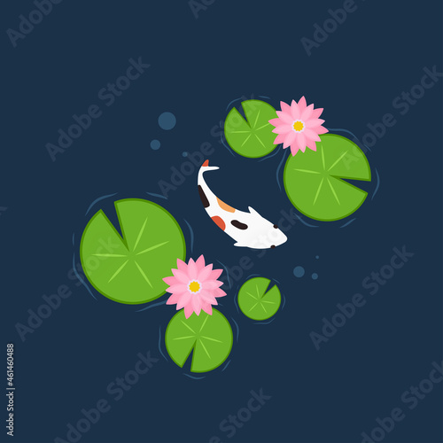 Lily pad pattern. wallpaper. free space for text. background. poster. lotus flower. Koi fish.