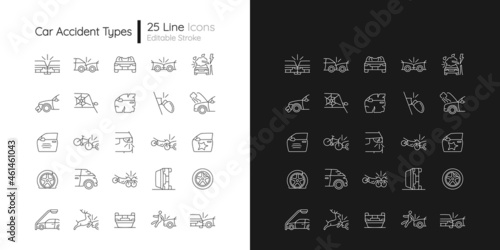 Car accident types linear icons set for dark and light mode. Road traffic crashes. Risk for serious injury. Customizable thin line symbols. Isolated vector outline illustrations. Editable stroke