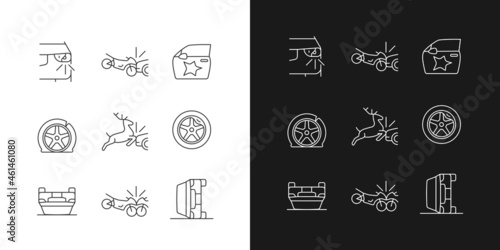 Common car crashes linear icons set for dark and light mode. Rollover accidents. Wildlife vehicle collision. Customizable thin line symbols. Isolated vector outline illustrations. Editable stroke