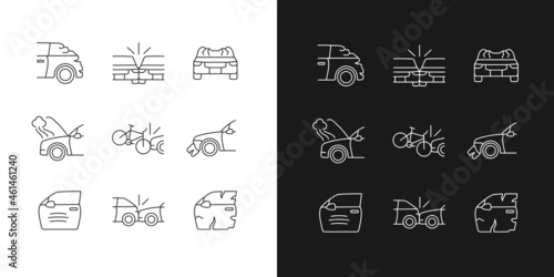 Road traffic accidents linear icons set for dark and light mode. Car damaged body parts. Car-on-bike collision. Customizable thin line symbols. Isolated vector outline illustrations. Editable stroke