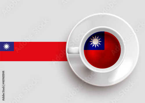 Free Download Taiwan flag with a tasty coffee cup on top view and a gradient background. Hot beverage with Taiwan flag, vector illustration. - GFXLoad
