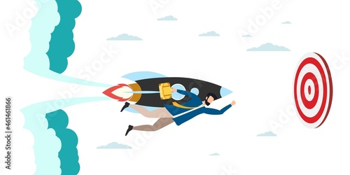 A person strives for a goal. Upward movement. The goal is victory. Hit the mark. man on a rocket flies to victory. Chart up. Vector.