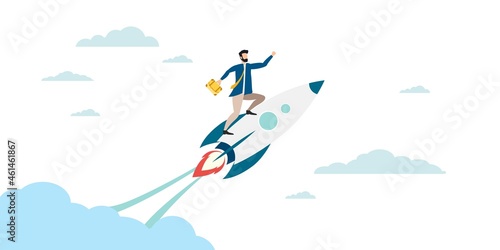 A person strives for a goal. Upward movement. The goal is victory. Hit the mark. man on a rocket flies to victory. Chart up. Vector.