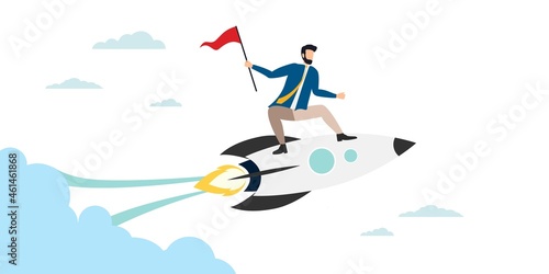 A person strives for a goal. Upward movement. The goal is victory. Hit the mark. man on a rocket flies to victory. Chart up. Vector.