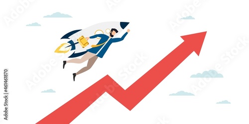 A person strives for a goal. Upward movement. The goal is victory. Hit the mark. man on a rocket flies to victory. Chart up. Vector.