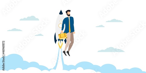 A person strives for a goal. Upward movement. The goal is victory. Hit the mark. man on a rocket flies to victory. Chart up. Vector.