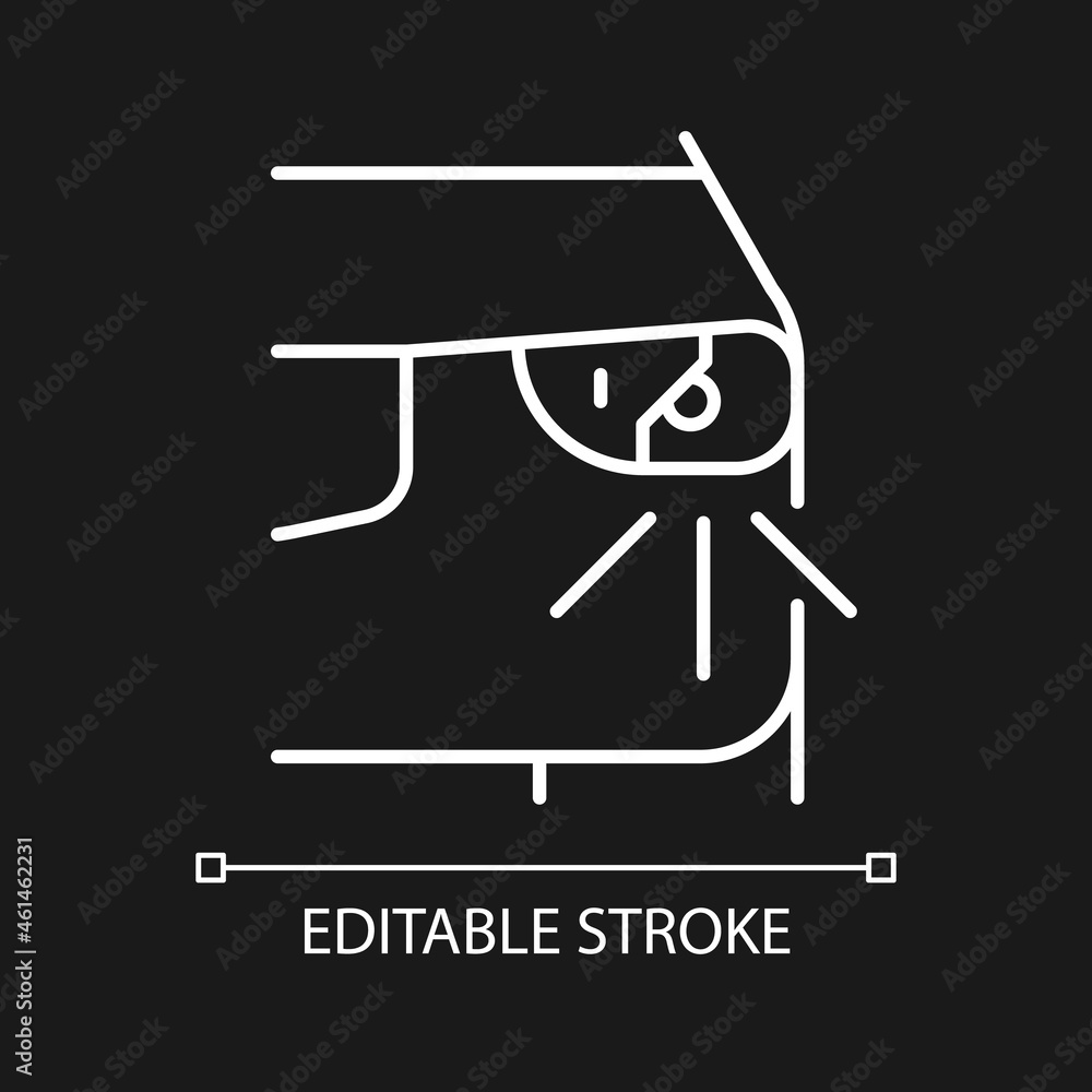 Broken headlight white linear icon for dark theme. Vehicle with cracked taillights. Driving hazard. Thin line customizable illustration. Isolated vector contour symbol for night mode. Editable stroke Broken headlight white linear icon for dark theme. Vehicle with cracked taillights. Driving hazard. Thin line customizable illustration. Isolated vector contour symbol for night mode. Editable stroke