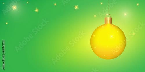 Christmas and New Year background in green color with gold Christmas ball and sparkling stars. 3 D. Vector illustration.